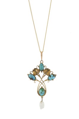 Lot 14 - An Art Nouveau gold turquoise and pearl pendant, with chain