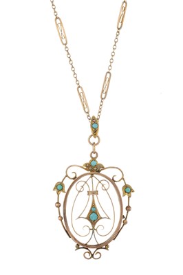 Lot 135 - An early 20th century 9ct gold turquoise and pearl necklace