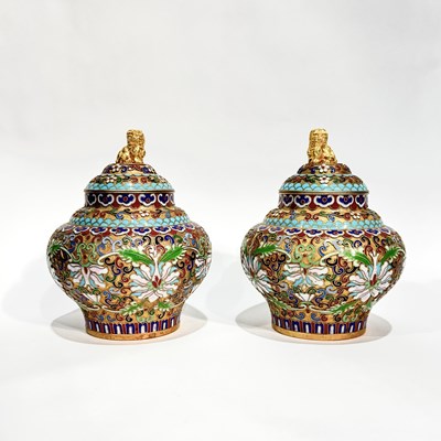 Lot 797 - A pair of Japanese gilt metal raised cloisonne...