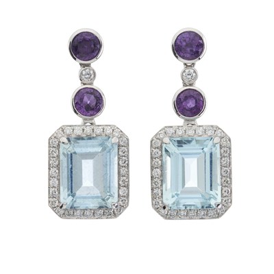 Lot 117 - A pair of platinum aquamarine, pink sapphire and diamond drop earrings