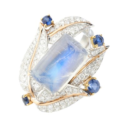 Lot 206 - An 18ct gold moonstone, diamond and sapphire foliate dress ring