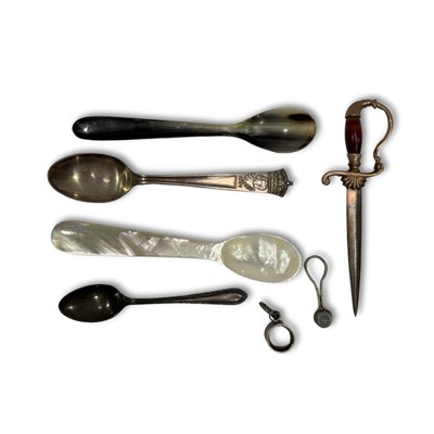 Lot 685 - Three spoons: hallmarked silver, horn and...