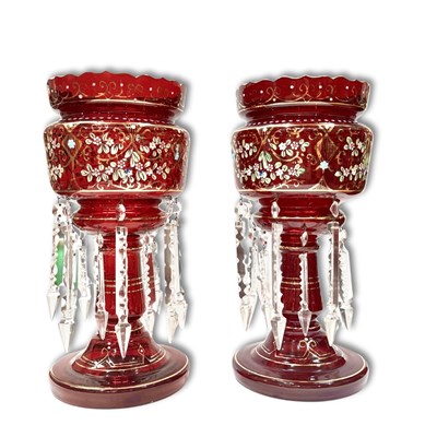 Lot 714 - Glass lustre: a pair of Bohemian ruby urns...