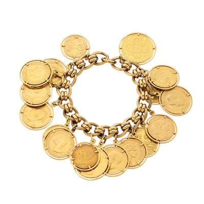 Lot 55 - An 18ct gold charm bracelet, suspending gold coins