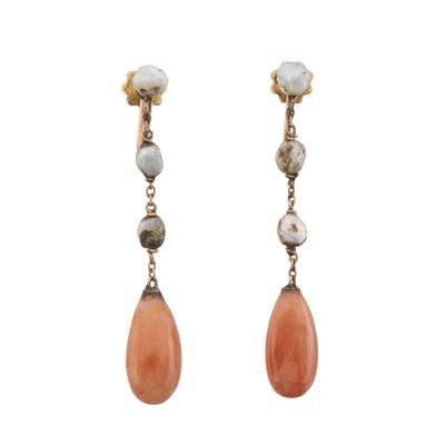 Lot 3 - A pair of late 19th century gold coral and pearl drop earrings