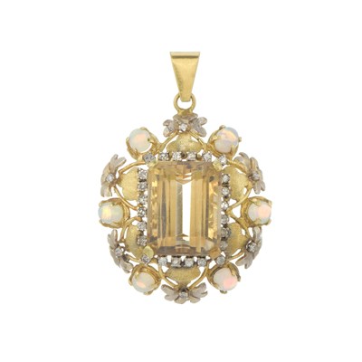 Lot 73 - A mid 20th century 18ct gold citrine, diamond and opal pendant