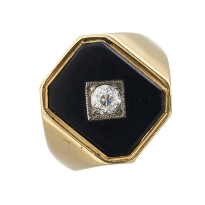 Lot 83 - A mid 20th century 18ct gold diamond and onyx signet ring