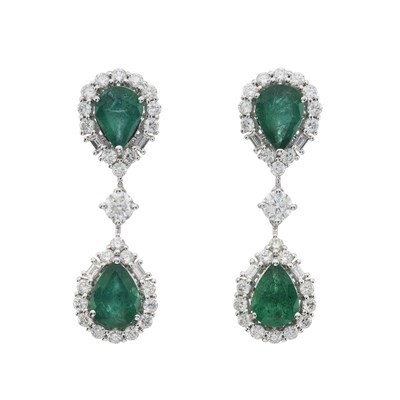 Lot 58 - A pair of 18ct gold emerald and diamond cluster drop earrings