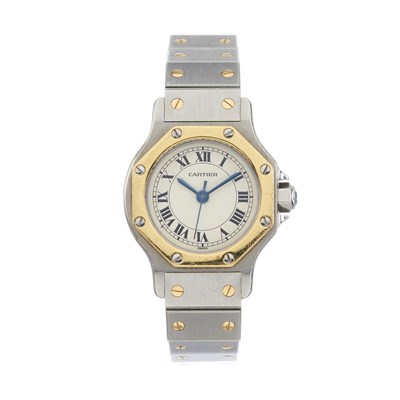 Lot 230 - Cartier, a bi-metal steel and gold Santos Octagon bracelet watch