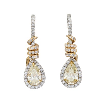 Lot 53 - A pair of 18ct gold yellow diamond and diamond cluster drop earrings