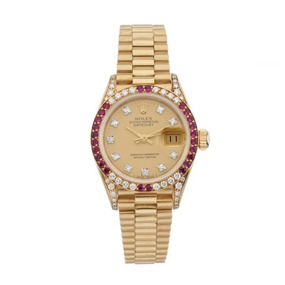 Lot 249 - Rolex, an 18ct gold factory set diamond and ruby Oyster Perpetual Datejust 26 bracelet watch