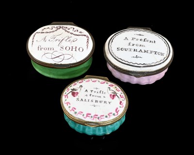 Lot 309 - Three Bilston enamel patch boxes, circa 1790,...