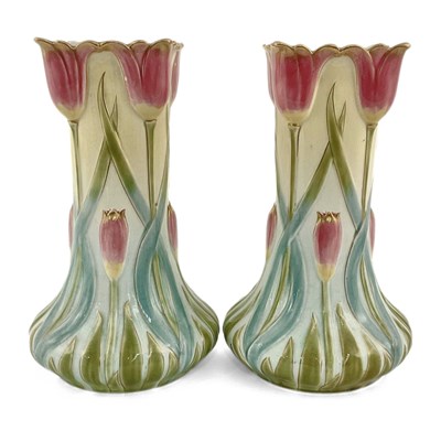 Lot 113 - Sarreguemines, a pair of Art Nouveau...