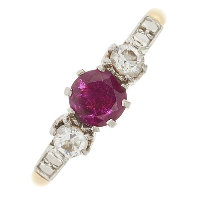 Lot 242 - A mid 20th century 18ct gold and platinum, ruby and diamond three-stone ring