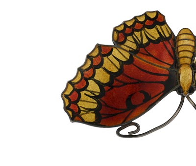 Lot 94 - A silver and enamelled butterfly brooch, J...