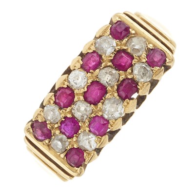 Lot 10 - A late Victorian 18ct gold ruby and old-cut diamond three-row ring