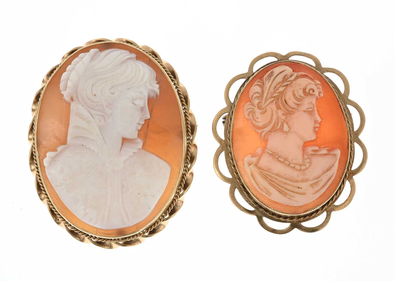 Lot 32 - Two 9ct gold shell cameo brooches