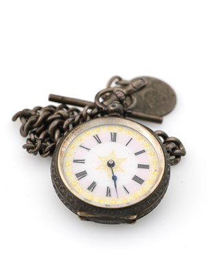 Lot 105 - A white metal fob watch with silver Albert chain