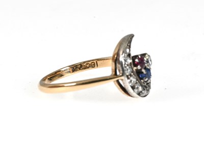 Lot 38 - A late Victorian 18ct gold diamond, ruby and sapphire crescent ring