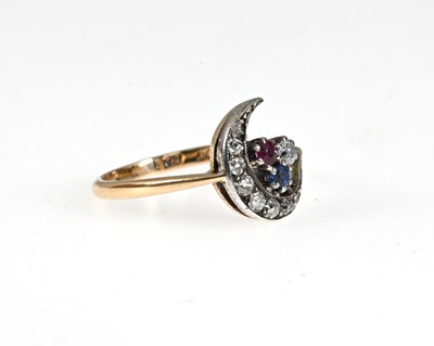 Lot 38 - A late Victorian 18ct gold diamond, ruby and sapphire crescent ring