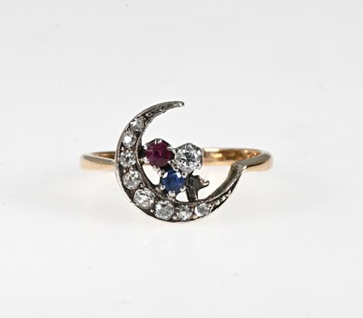 Lot 38 - A late Victorian 18ct gold diamond, ruby and sapphire crescent ring