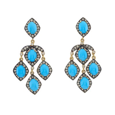 Lot 56 - A pair of 14ct gold and silver, turquoise and diamond chandelier drop earrings