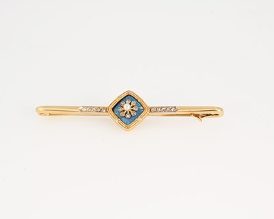 Lot 68 - A Belle Epoque gold diamond, pearl and enamel bar brooch