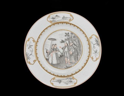 Lot 663 - A Chinese export plate, painted en grisaille...