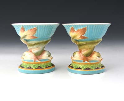 Lot 817 - A pair of Minton majolica pedestal dishes, of...