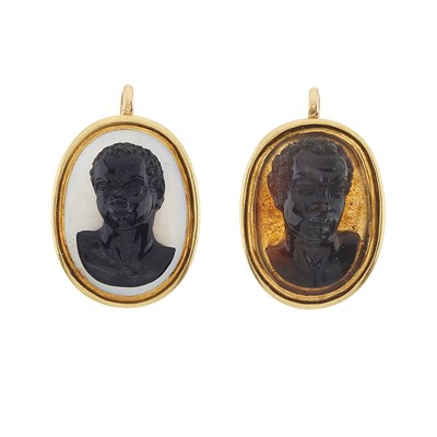 Lot 29 - Two 19th century gold agate blackamoor cameo pendants