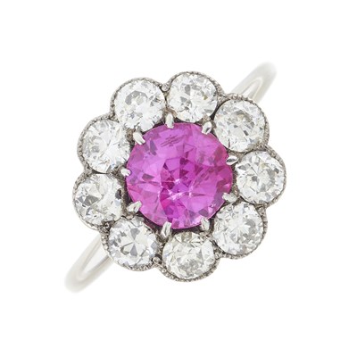 Lot 159 - A mid 20th century synthetic pink sapphire and diamond cluster ring