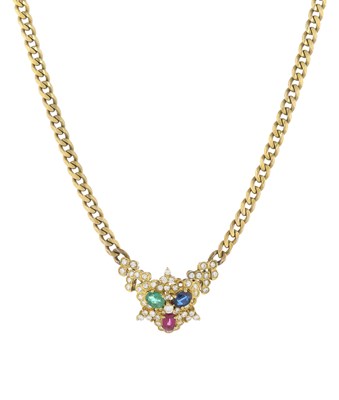 Lot 53 - A 14ct gold ruby, emerald, sapphire and diamond necklace