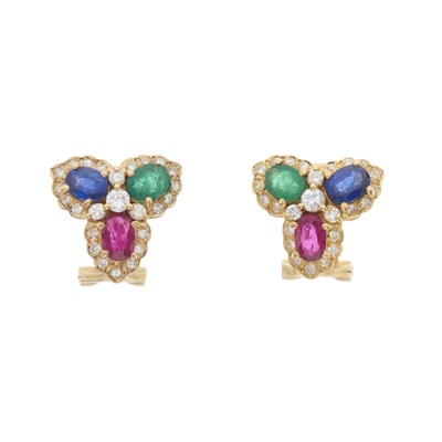 Lot 55 - A pair of 18ct gold sapphire, ruby, emerald and diamond cluster earrings