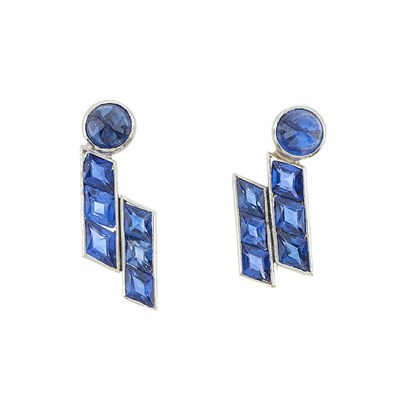 Lot 151 - A pair of mid 20th century sapphire earrings