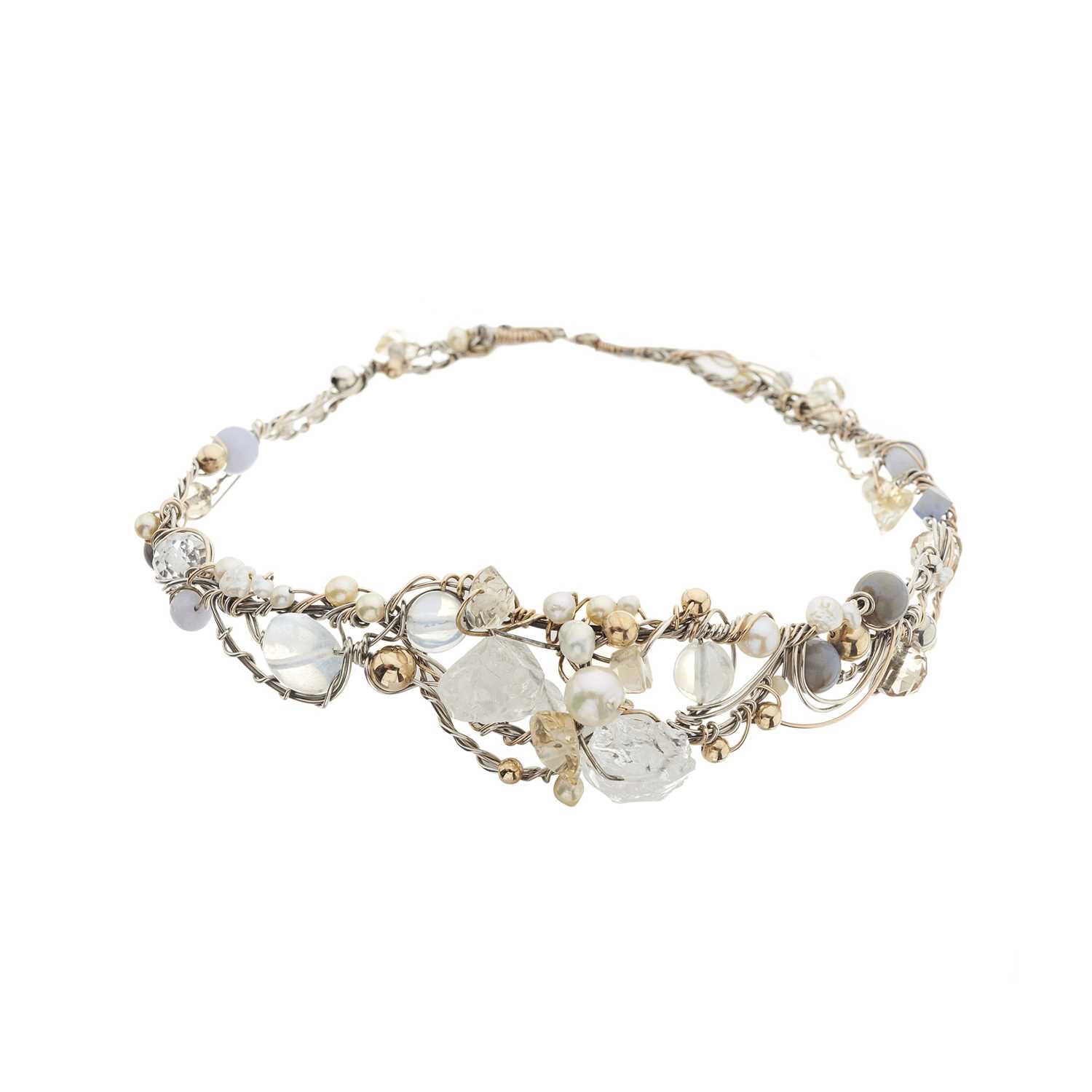 Lot 47 - A silver and gold, multi-gem wirework choker necklace