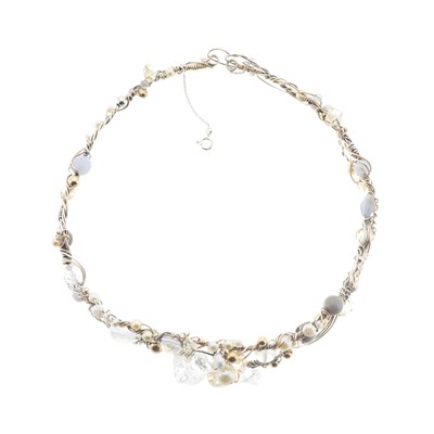 Lot 47 - A silver and gold, multi-gem wirework choker necklace