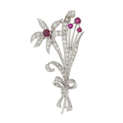 Lot 167 - A mid 20th century ruby and diamond floral spray brooch