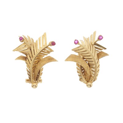 Lot 216 - A pair of 14ct gold ruby foliate earrings