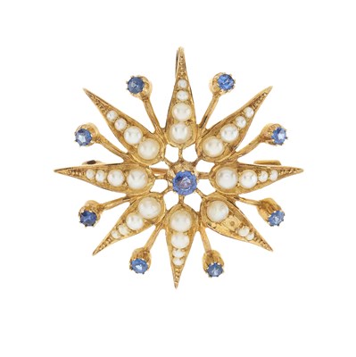 Lot 27 - An Edwardian 15ct gold sapphire and pearl star pendant brooch