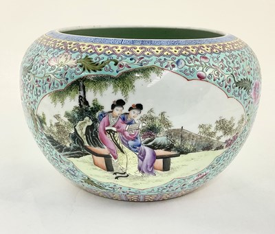 Lot 136 - A Chinese turquoise glaze bowl, painted with...