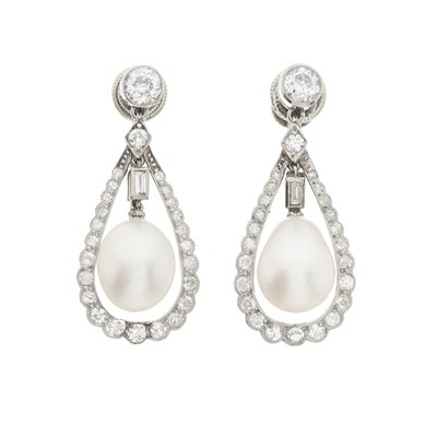 Lot 24 - A pair of Belle Epoque natural pearl and diamond drop earrings