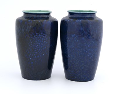 Lot 604 - Ruskin Pottery, a pair of Souffle glazed vases,...