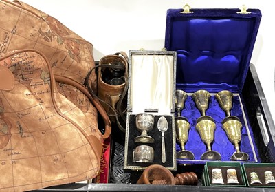 Lot 39 - A bag of various items, to include thimbles, binoculars, christening set etc