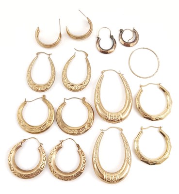 Lot 280 - Eight pairs of 9ct gold hoop earrings