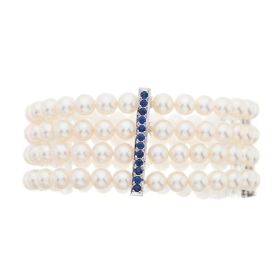 Lot 112 - Mikimoto, a cultured pearl four-row bracelet, with sapphire clasp