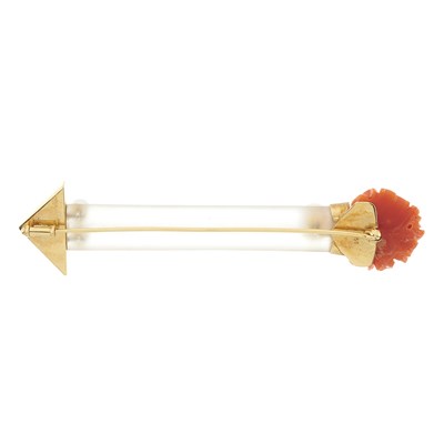 Lot 46 - An 18ct gold rock crystal, pearl and coral arrow brooch