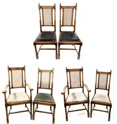 Lot 373 - A set of six oak dining chairs, barley twist,...