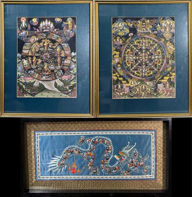 Lot 573 - Two hand painted Buddhist 'Wheel of Life',...