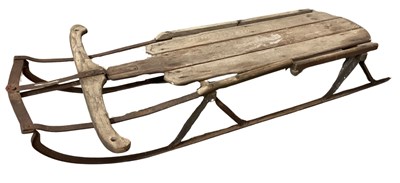 Lot 351A - Carved wood sledge or toboggan with wrought...