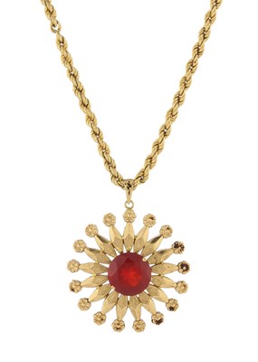 Lot 44 - An 18ct gold fire opal floral starburst pendant, with chain